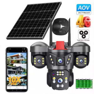 12MP Solar Powered Surveillance Camera 3-Lens 3-Screen Security Camera